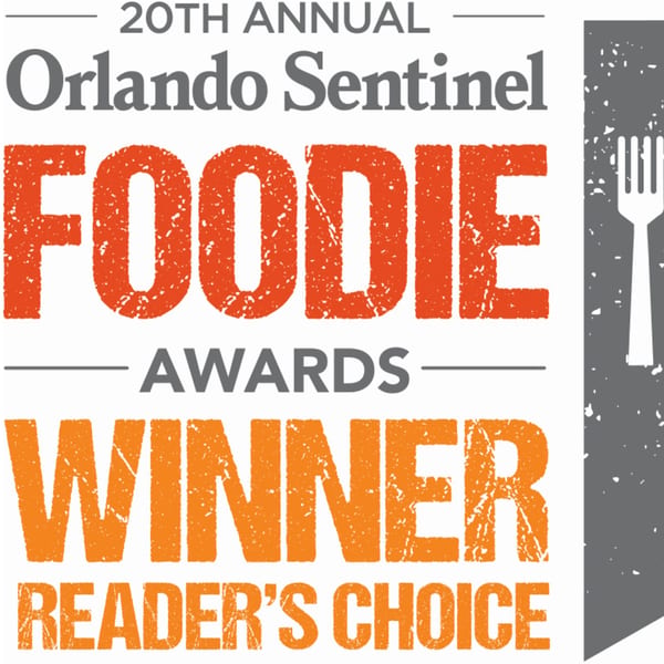 Orlando Sentinel Foodie Awards Winner, Reader's Choice, with a fork icon.