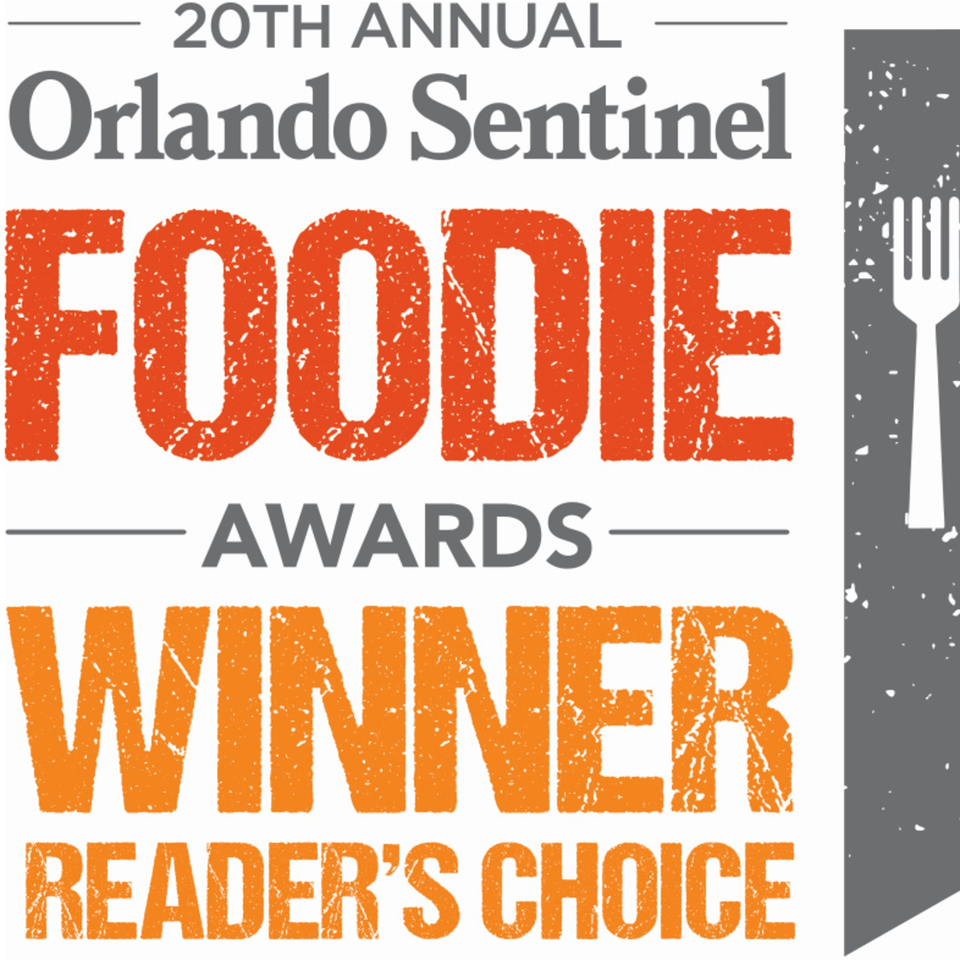 Orlando Sentinel Foodie Awards Winner, Reader's Choice, with a fork icon.