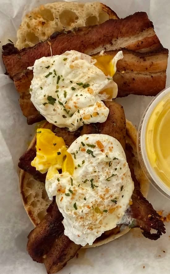 Maple Glazed Pork Belly Eggs Benedict.